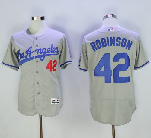 Dodgers #42 Jackie Robinson Grey Flexbase Authentic Collection Road Stitched MLB Jersey - Click Image to Close